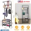 Metal Entryway Coat Shoe Rack Hall Tree w/ 3-Tier Shoe Bench Shoe Storage 18 Hooks Coat Hat Rack
