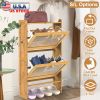 2-Tier Shoe Cabinet with 2 Flip Drawers Slim Bamboo Shoe Rack Freestanding Narrow Shoe Organizer with 44lbs Max Load for Entryway Hallway