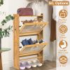 2-Tier Shoe Cabinet with 2 Flip Drawers Slim Bamboo Shoe Rack Freestanding Narrow Shoe Organizer with 44lbs Max Load for Entryway Hallway