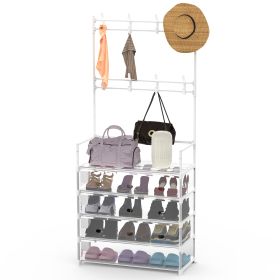 5-Tier Dustproof Entryway Hall Tree Coat Rack Shoe Rack With 8 Removable Hooks Freestanding Shoe Storage Shelf Hat Clothes Organizer For Front Door Be (Option: 5Tier_White)