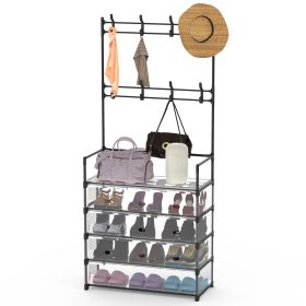 5-Tier Dustproof Entryway Hall Tree Coat Rack Shoe Rack With 8 Removable Hooks Freestanding Shoe Storage Shelf Hat Clothes Organizer For Front Door Be (Option: 5Tier_Black)